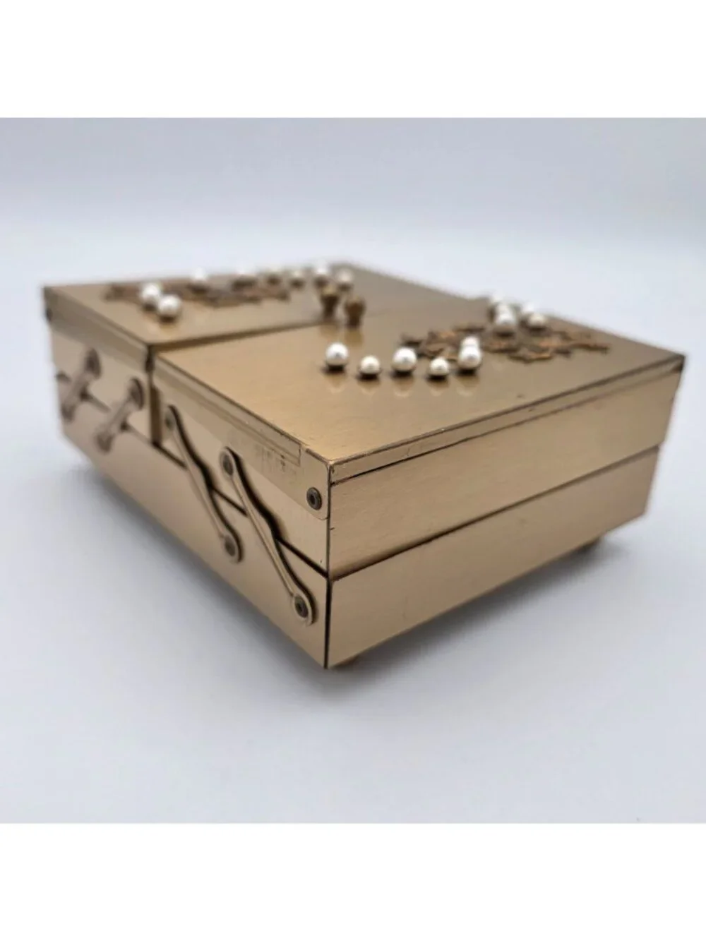 Vintage Gold-Tone Jewelry Box Pearl Embellishments & Velvet Inner Compartments
